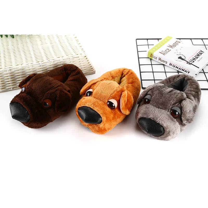 Funny Cartoon Dog Cotton Slippers Women Warm Plush Home Slippers Ladies Furry Flip Flops Couple Bedroom Fluffy Shoes