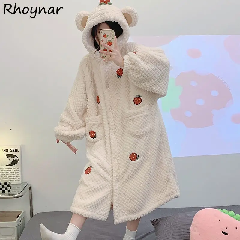 Robes Women White Kawaii Loose Winter Warm Cozy Furry Designed Hooded Leisure Home Lounge Chic Ins Style Girls Popular Sleepwear