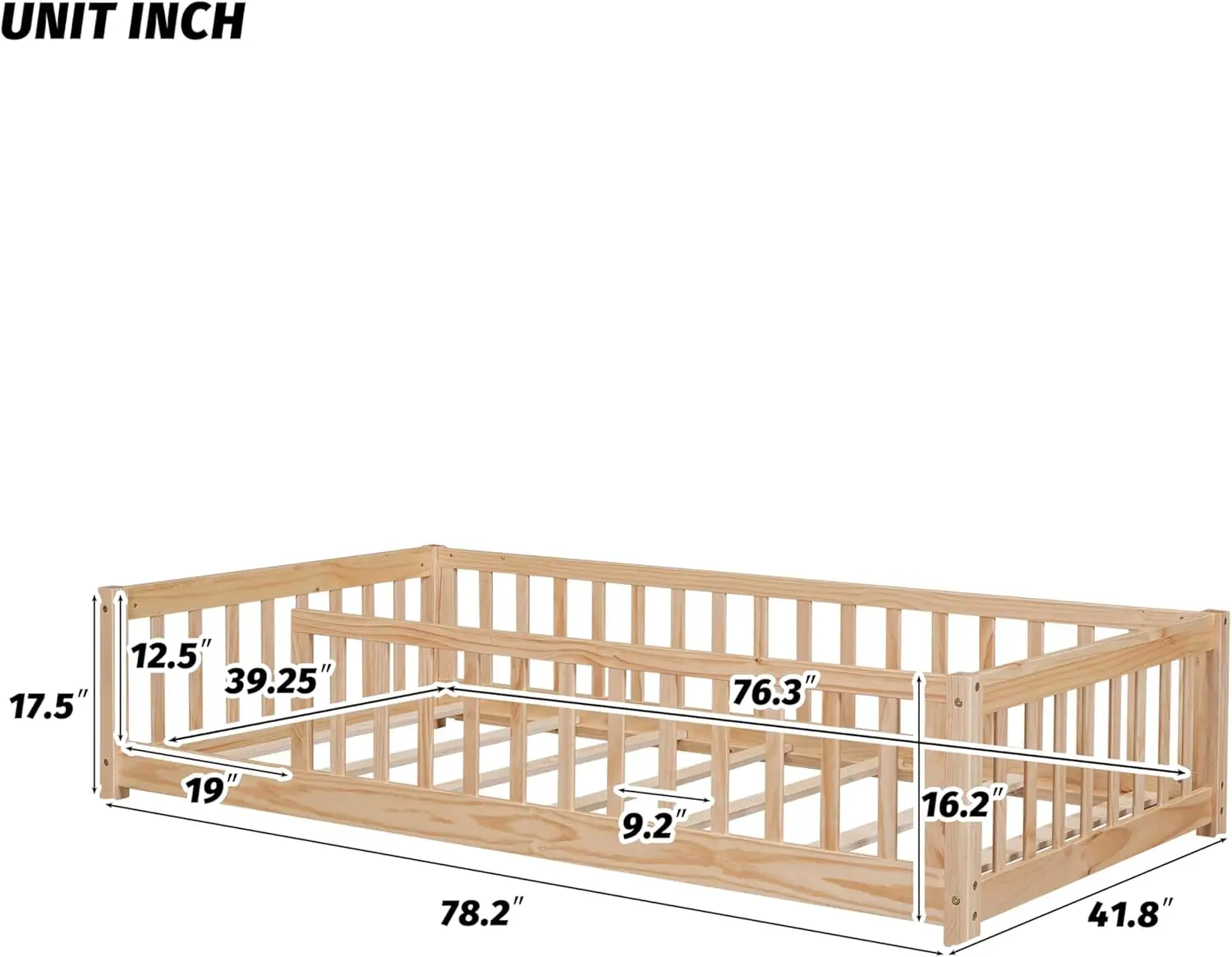 Size Montessori Toddler Floor Bed with Wood Slats for Girls and Boys, Wood Montessori Bed Frame with Safety Guardrails, No Box S