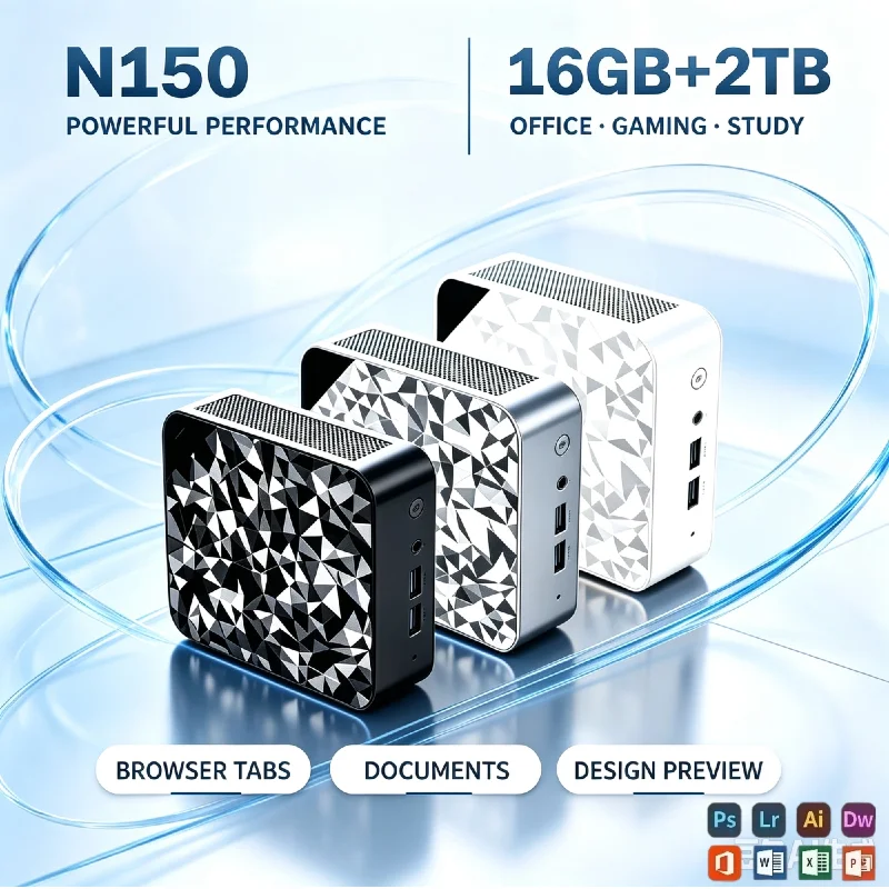 Intel N150 Mini PC, Hyper-Portable Compact Design, 16GB RAM, WiFi6, BT5.2, 4K Display, Great for Graphic Design & Commercial Use