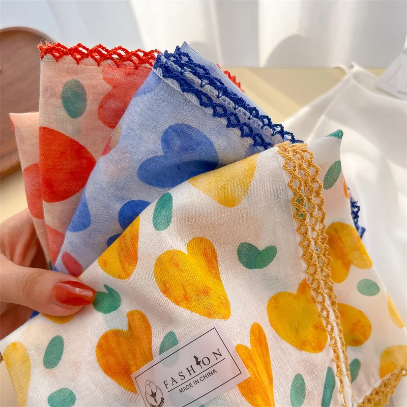Square Scarf Retro Cotton Love Heart Pattern Bohemian Hair Band Neck Tie for Women Casual Travel