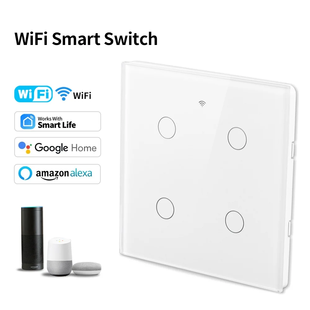 MANHOT Wifi Smart Switch 4*4 Brazil Touch Sensor Glass Panel Switch No Neutral 4/6 Gang Work with Smart Life Alexa Google home