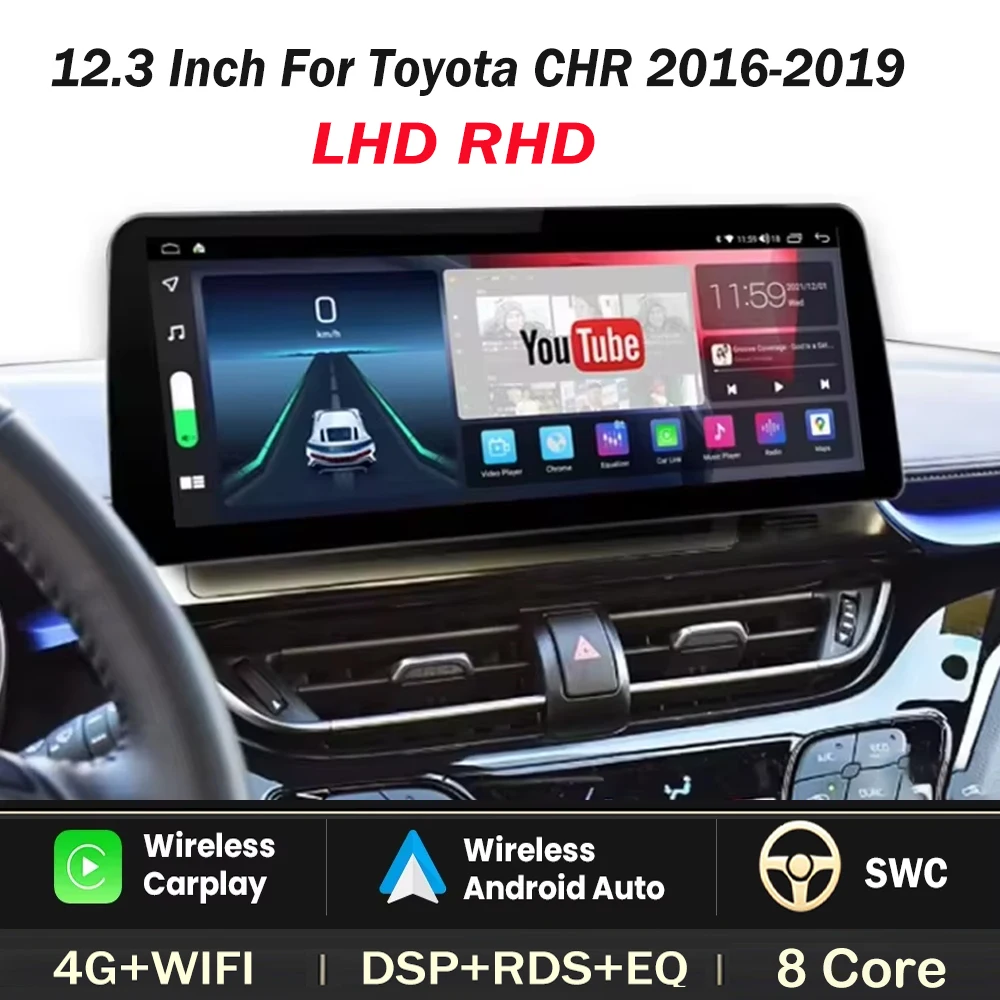 12.3 Inch For Toyota CHR 2016-2019 LHD RHD Android Auto Radio Car video Player Navigation GPS Carplay Screen Multimedia 2din DVD