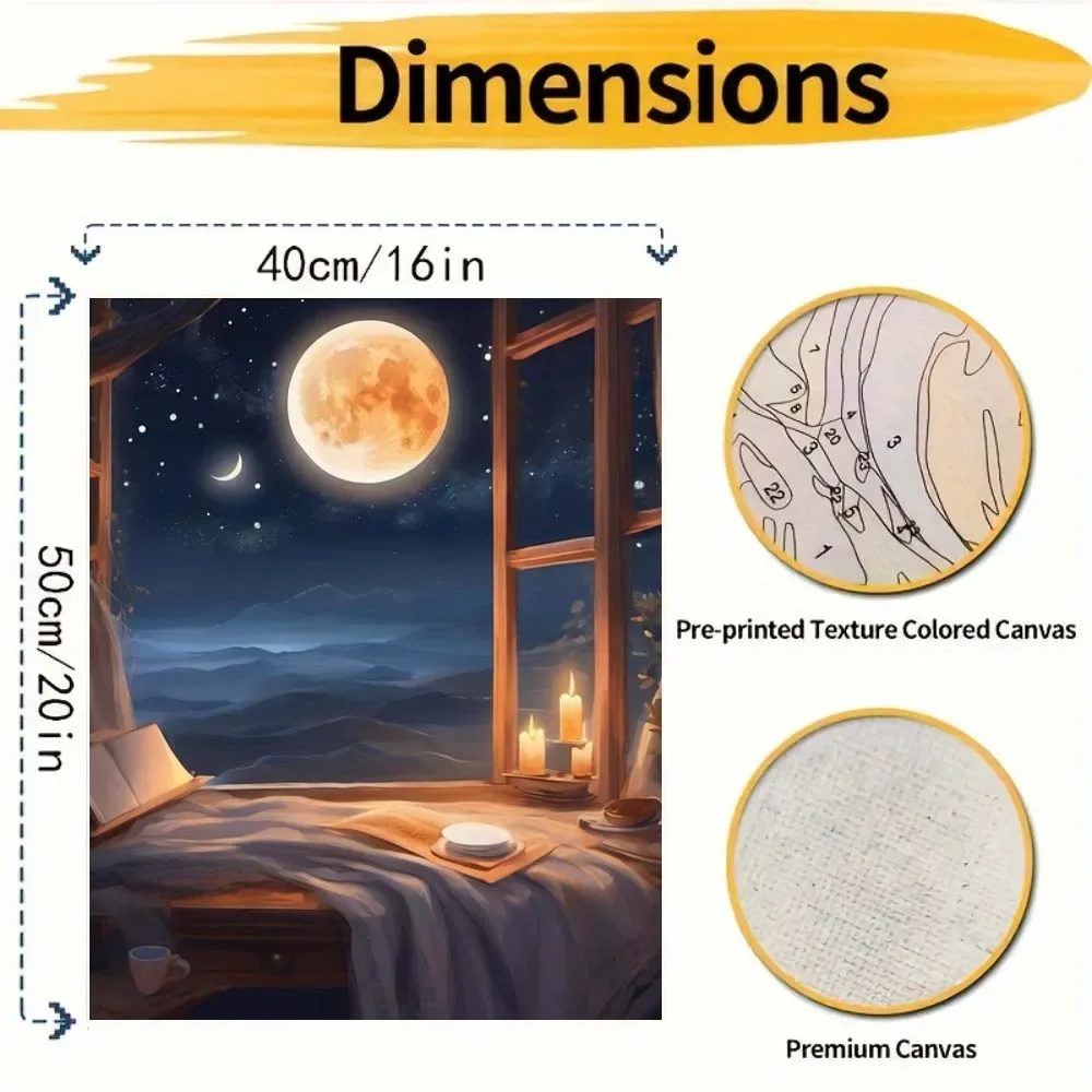 Cozy Bedroom at Night with View of Moons and Misty Mountains Diy Digital Oil Paint Set For Adults But Excludes Frame - Image 2