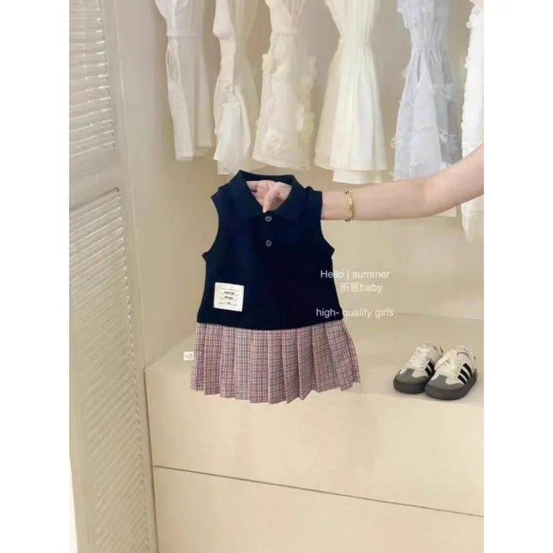 

Girls' Summer Suit2025New Style College Wind Vest Dress Korean Style Children's Pleated Sleeveless Turn-down Collar Princess Dre