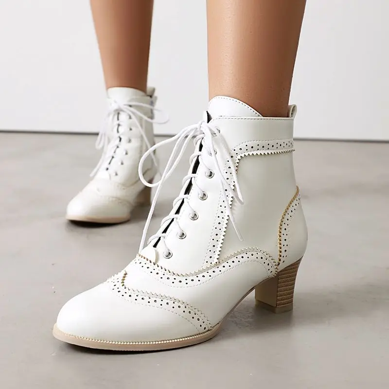 

Girseaby Fashion shoes 2025 Women's Fashion Boots Round Toe 5cm Chunky Heel Zipper Lace-Up Large Size 46-48 Leisure Dating Style