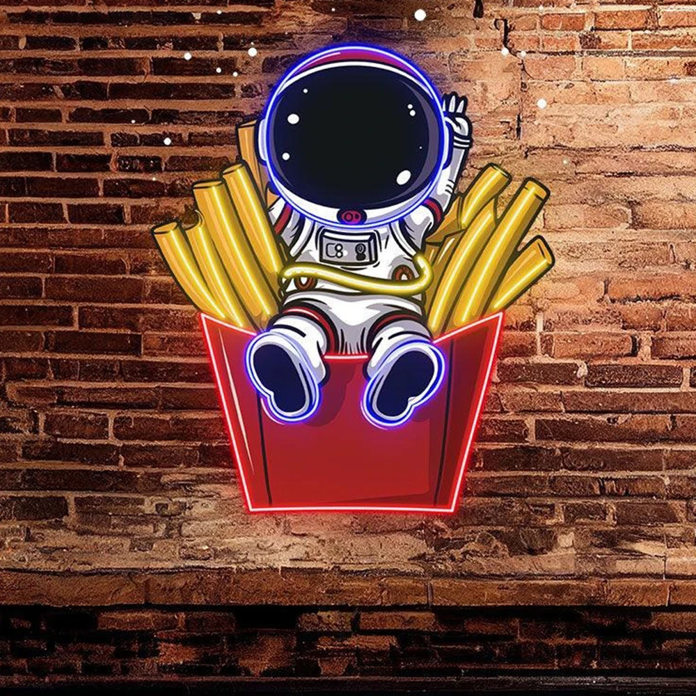 

Astronaut Sitting in French Fries LED Neon Sign Fast Food Shop Wall Decor Neon Light Restaurant Fun Creative Decorative Lights