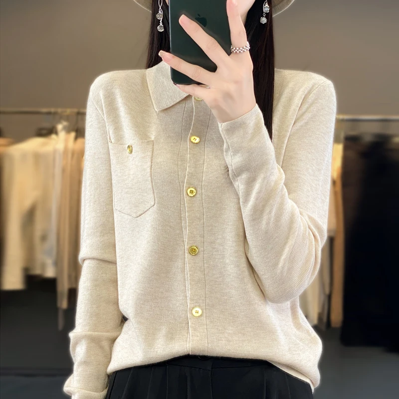 Autumn Winter New Wool Cardigan Women's Polo Neck Long Sleeve Solid Lmitation Wool Loose Pocket Small Fragrance Knitted Cardigan