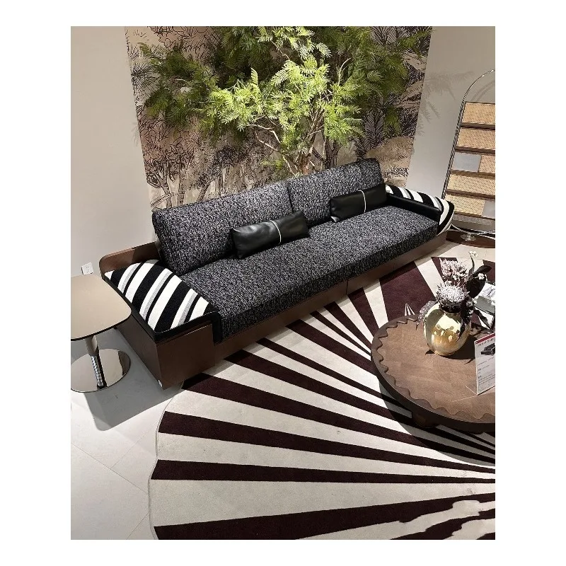 Black and white stripes contrasting colors coarse linen straight row large flat-floor villa living room fabric sofa