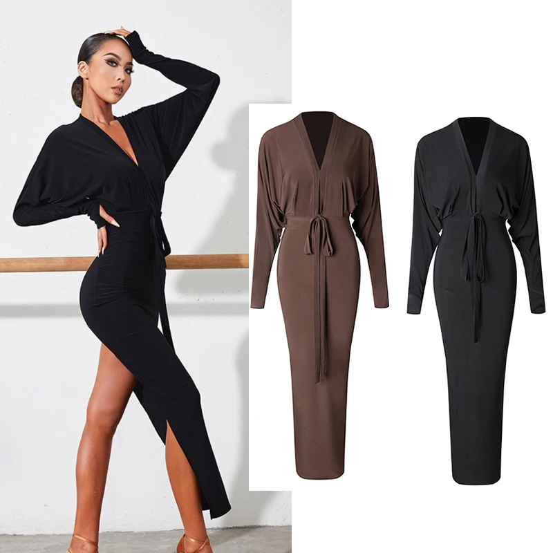 

Ballroom Dance Competition Dresses Doll Sleeves Lace-Up Latin Dance Dress Sexy V-Neck Slit Long Dress Women Practice Wear SL7267
