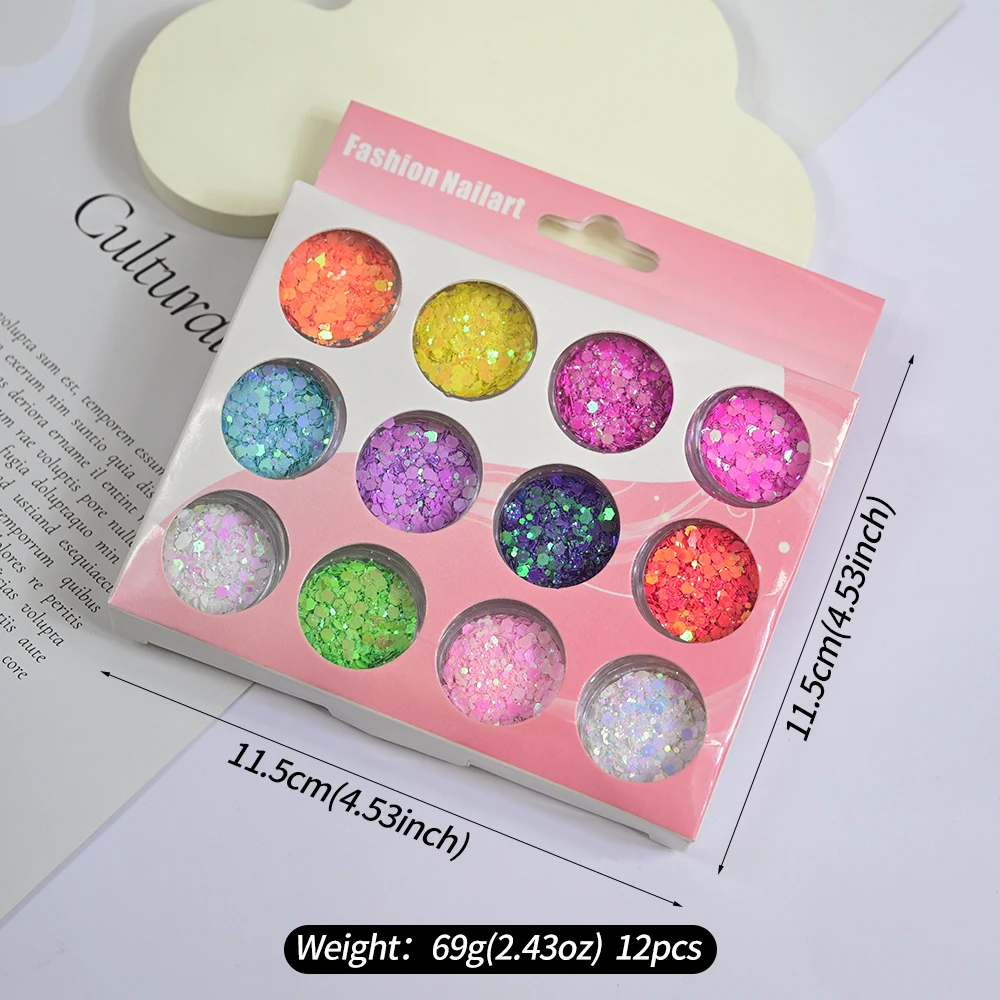 12 pçs iridescente arte do prego glitter lantejoulas mistura holográfica hexágono flocos grossos diygel polonês artesanato manicure decorações em pó