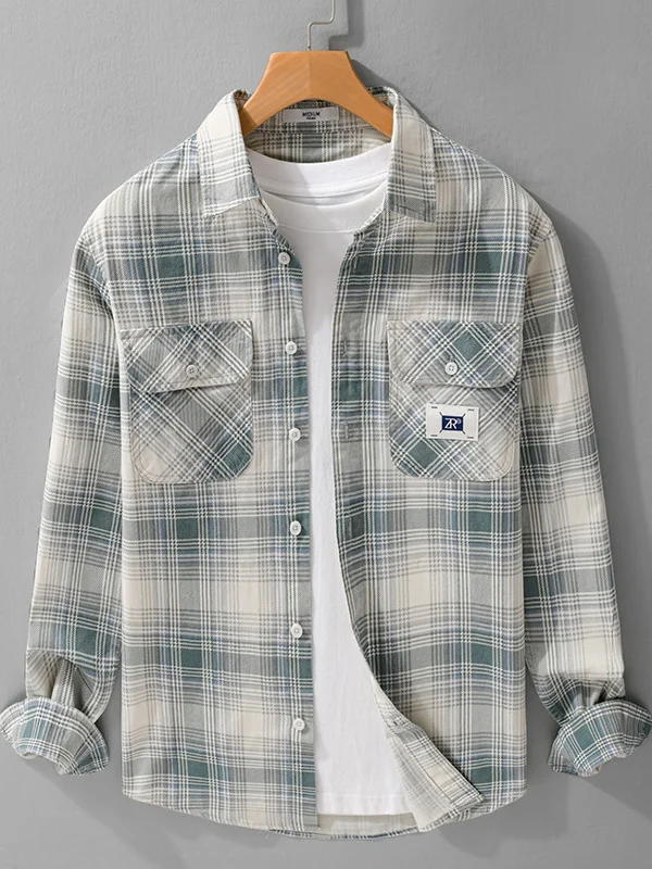 

Spring Plaid Pure Cotton Long Sleeve Men's Casual Shirt Retro Workwear Trendy Outerwear Top Comfortable Loose Fit Iron-Free