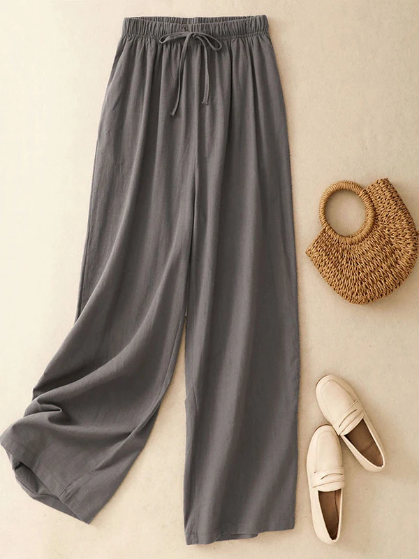 

Повседневные хлопковые и льняные прямые брюки, женские большие размеры, драпированные широкие брюки с эластичной резинкой на талии, однотонные длинные брюки с высокой талией