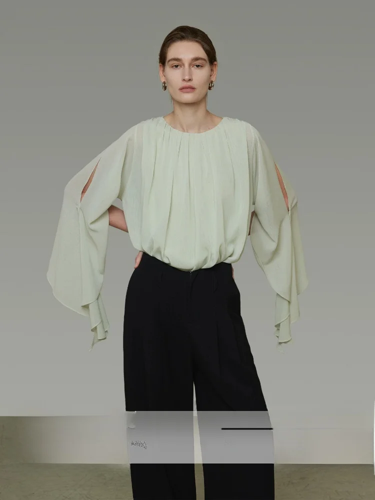 

Unspoken Shoulder Bared Asymmetrical Shirt Women's Spring 2026 Loose Lazy Atmosphere Shirt Casual Commute Style Long Sleeve