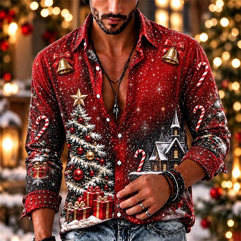 New men's shirt deep purple starry sky snowflake purple Christmas tree snow house purple gift box printed shirt