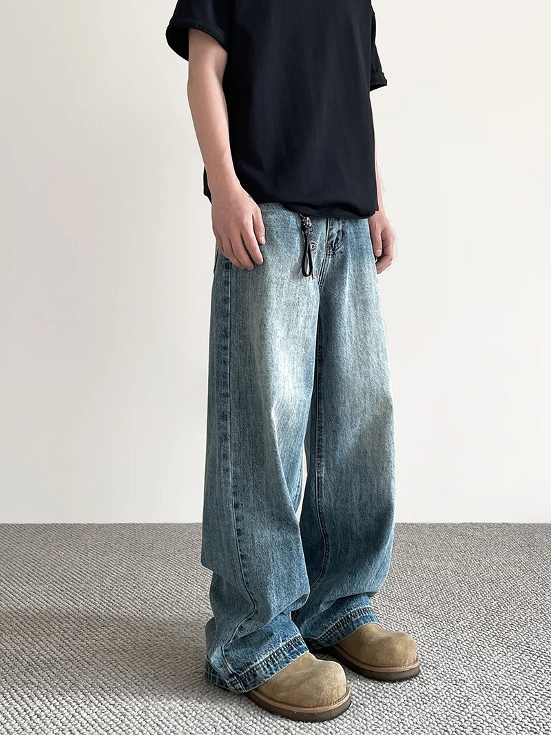 

American High Street Cleanfit Vintage Blue Men's Wide Leg Straight Cut Slimming Jeans Casual Wear Youth Faion Jeans