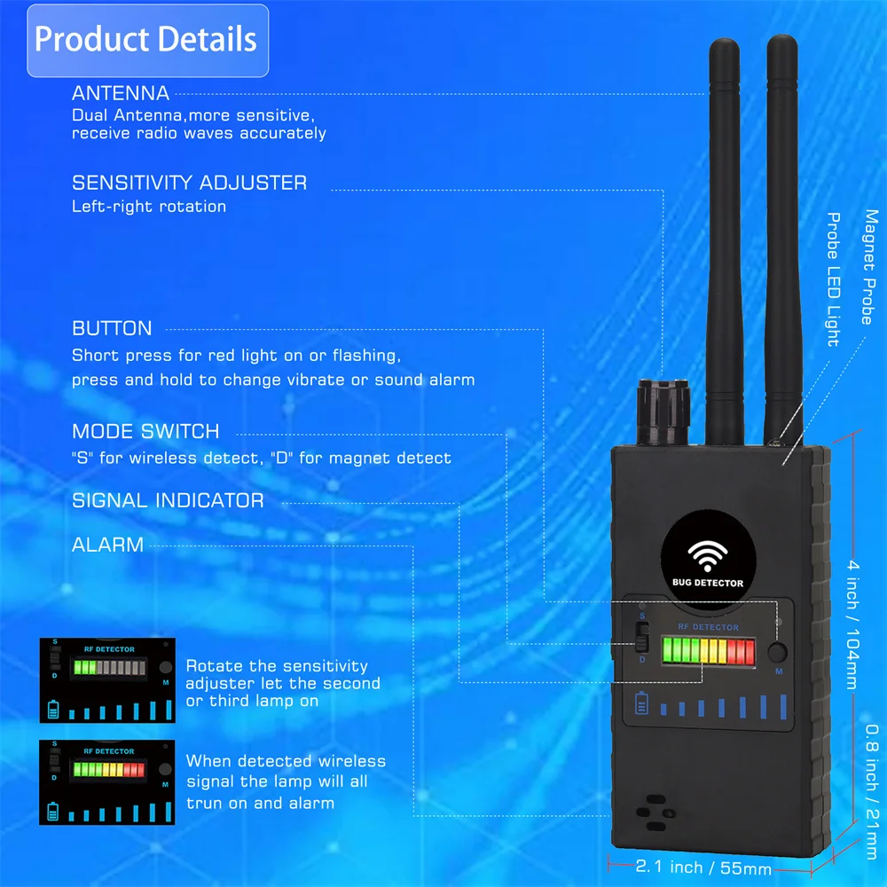 Multi-Function Rf Signal Detector GSM Radio Wave Wifi Signal Scanning Laser Finder Camera Lens Anti-Candid Anti-Spy Bug Detects