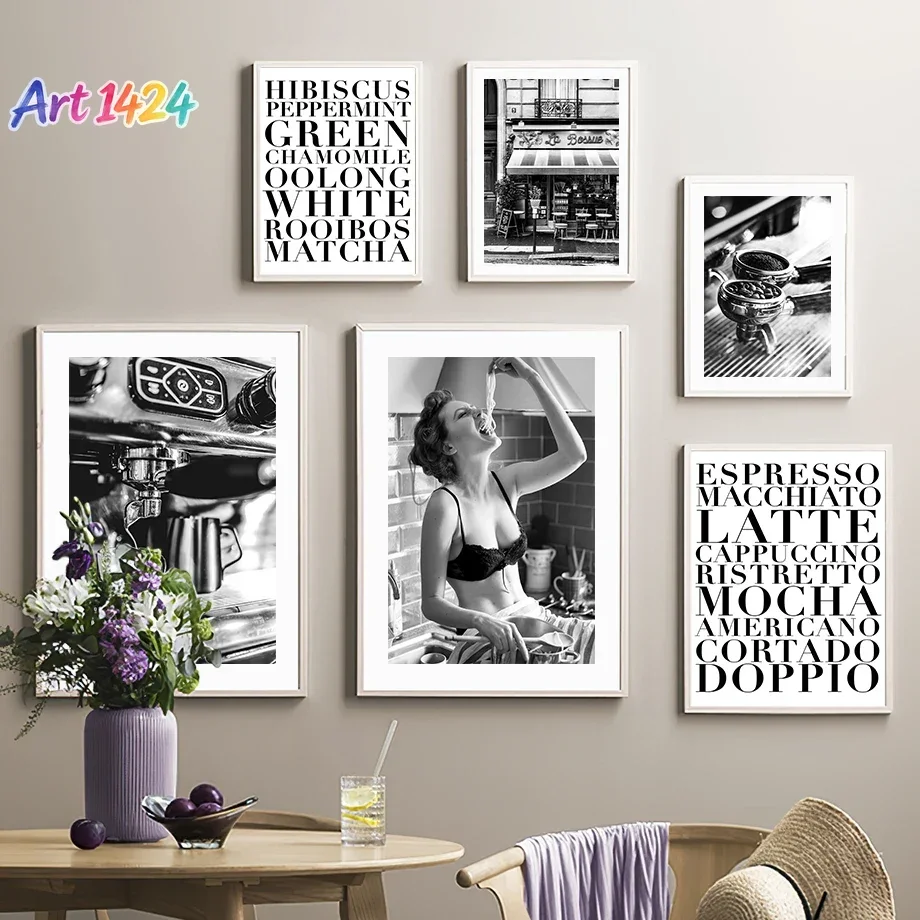 Paris Fashion Girl Red Wine Coffeel Black White Photos Posters Prints Wall Art Canvas Painting Pictures for Living Room Decor