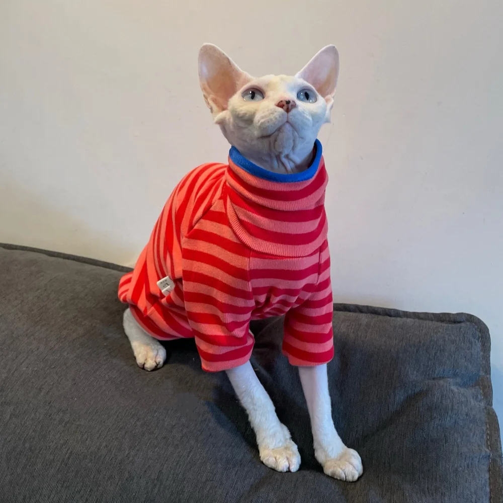 Sphynx Cat Clothes Striped Coat for Male Cat Soft Blue high-neck winter undershirt For Devon Rex Long Sleeves Loungewear Spring