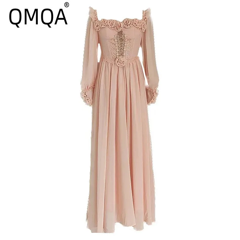 QMQA Fashion Women's Three-dimensional Flower Dresses Square Collar Mesh With Drawstring Splicing Embroidery Sequins Dress 1A764