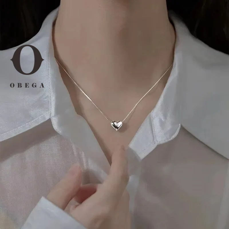 Obega Silver Color Heart Shape Pendant Snake Chain Women Necklace Cute Lovely Small Charm Thin Chain Ins Women Necklace Gift