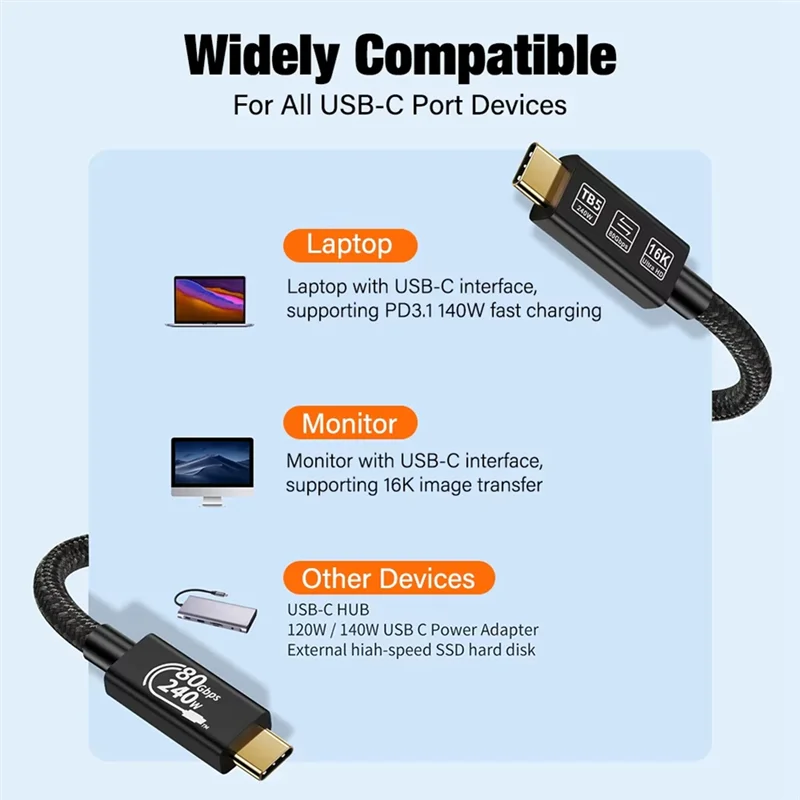 B03B-1M Thunderbolt 5 Coaxial Cable 240W 16K Fast Charging Cable Super Speed Data Storage For USB C Monitor