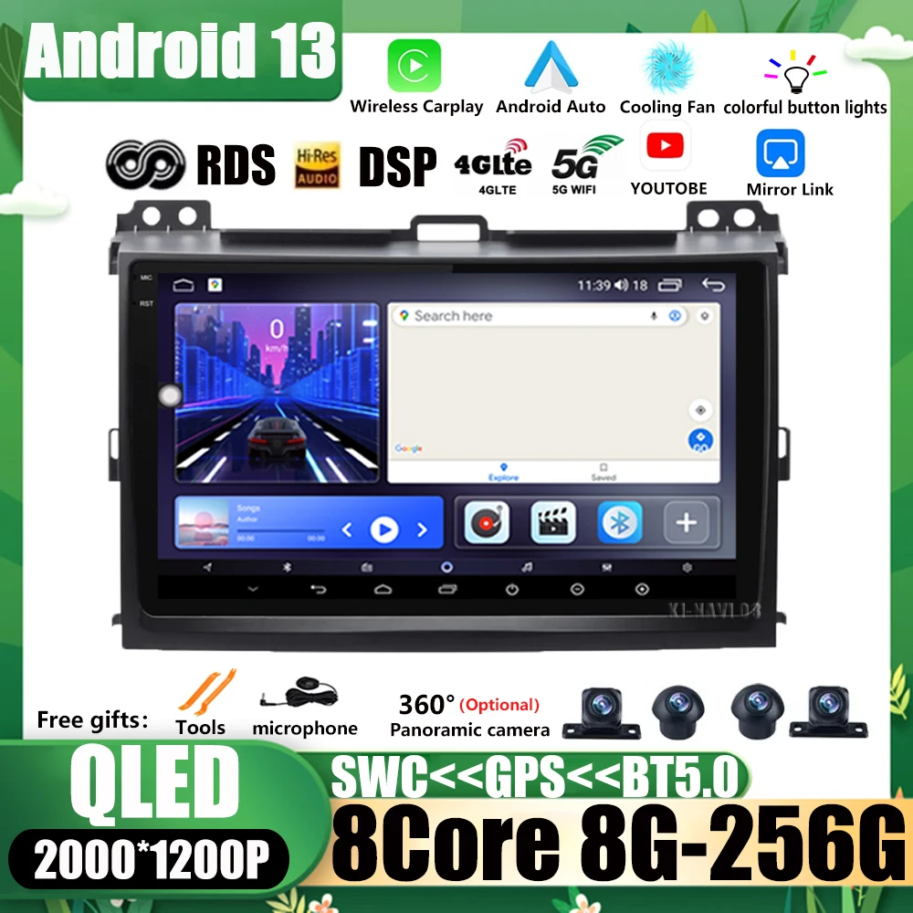 

For Toyota Land Cruiser Prado 120 3 Lexus GX470 J120 2003 - 2009 Android 13 DSP Car Radio Navigation Carplay Multimidia Stereo