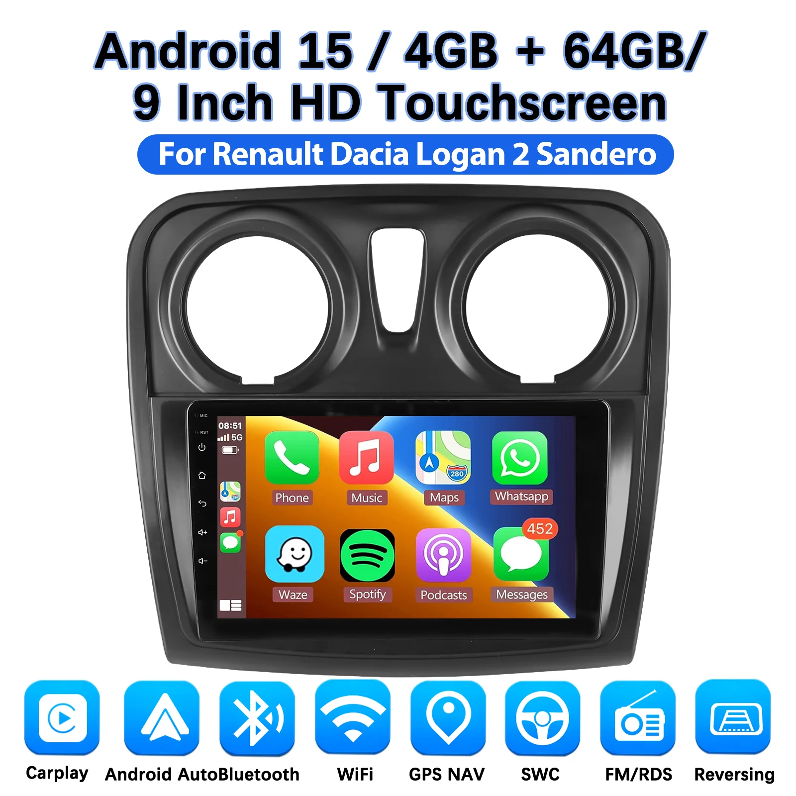 DAB+ Android 15 autoradio voor Renault Logan 2 2012 - 2019 Sandero 2 2014 - 2019 Multimedia Navigatie Carplay Head Unit 2 Din