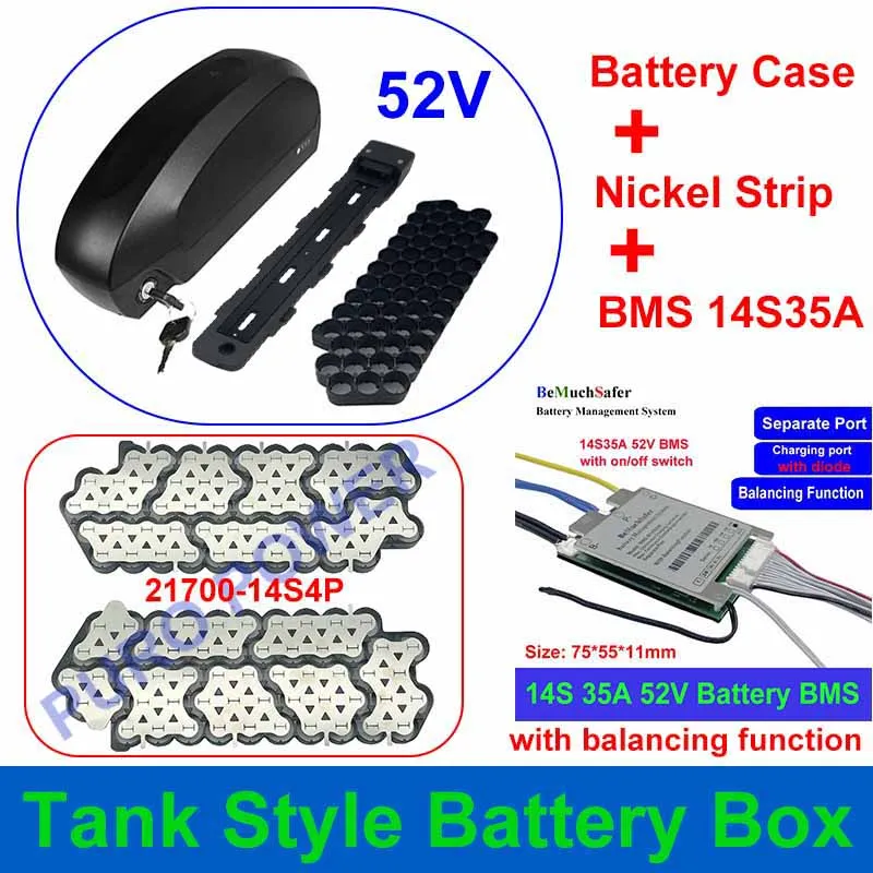 Tank Style Battery Box Zbiornik styl opakowanie na baterie pasuje 56 sztuk 21700 ogniw 36V 48V 52V przypadku taśmy z niklu 10S 13S 14S 35A BMS dla