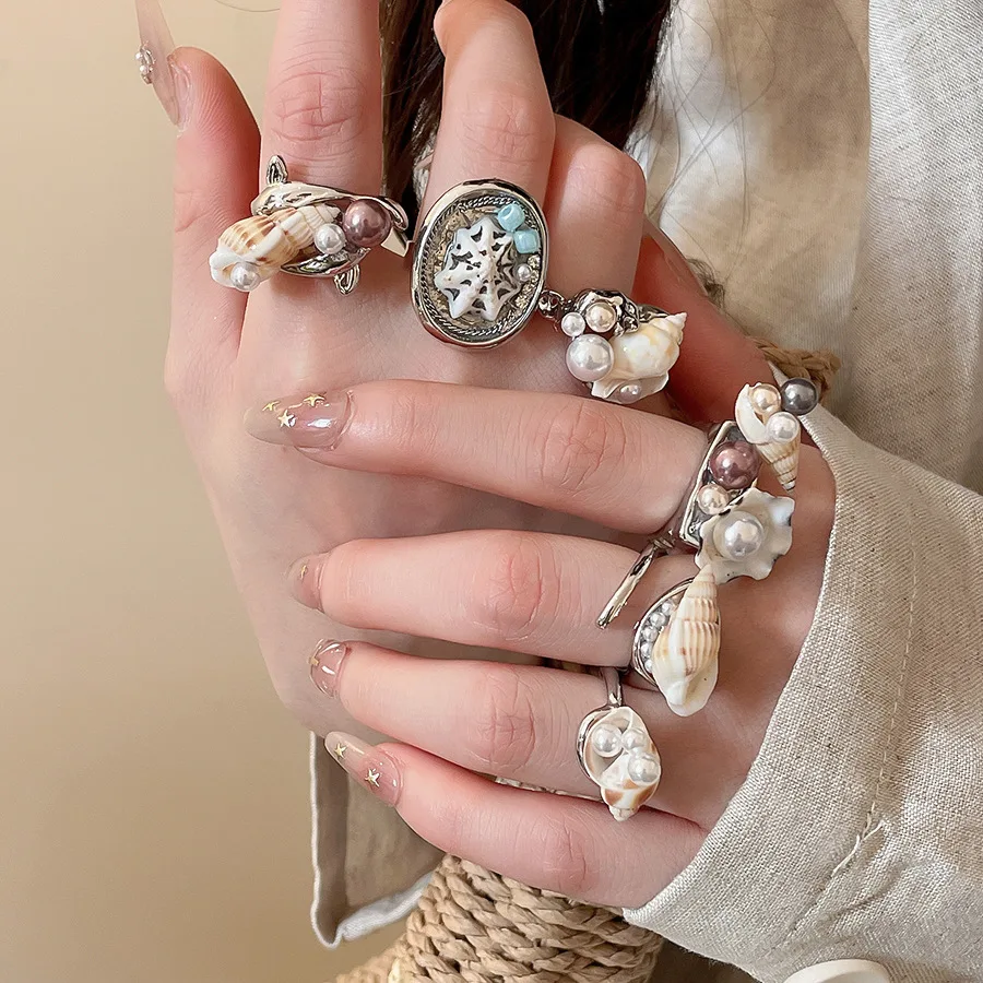 Trendiger Ozean-Offener Ring - Handgefertigter Perlenmuschel-Einlage-Ring im INS Retro-Strand-Stil, Stapelbar