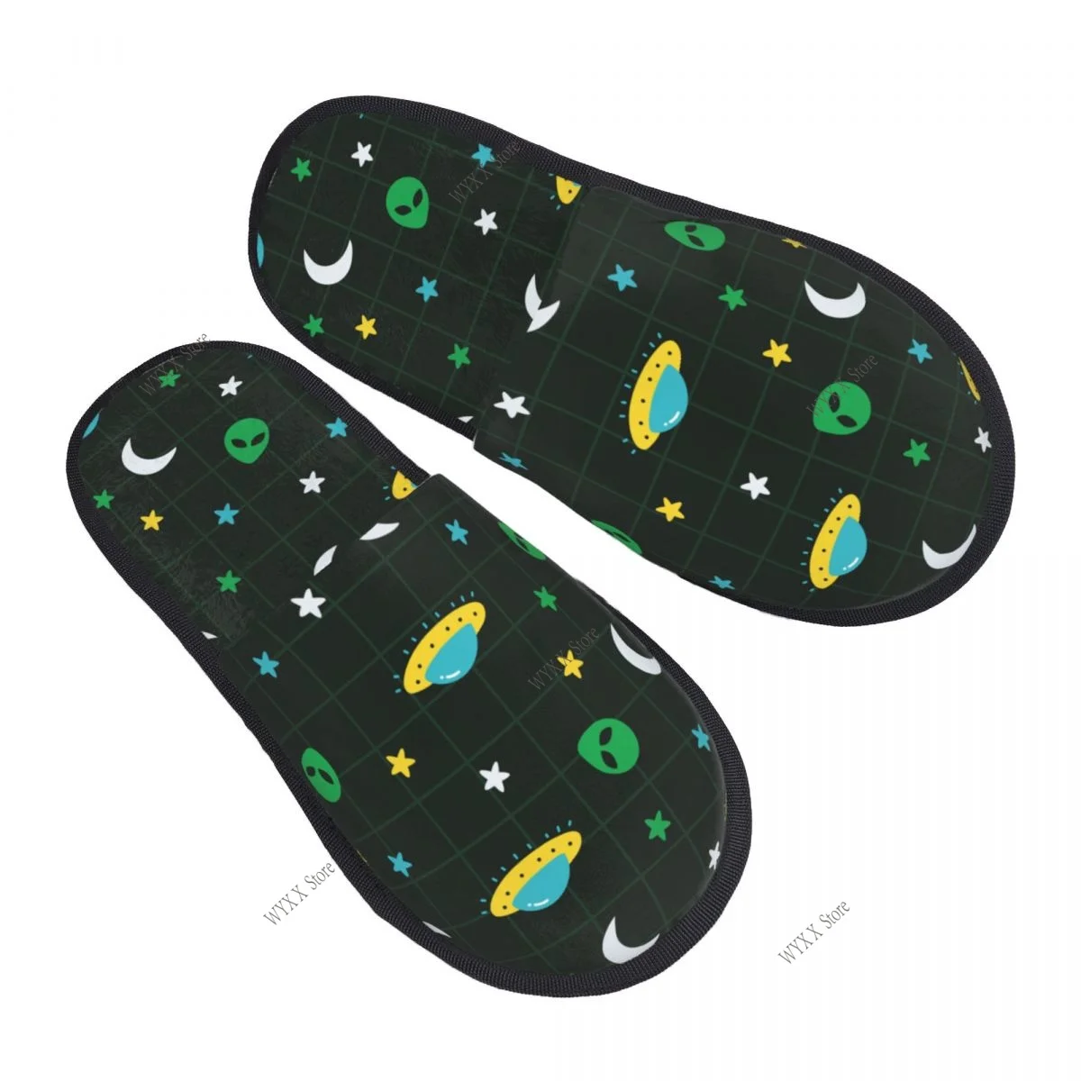 

Green Alien UFO Moon Home Slippers Winter Warm Plush Slippers For Winter Soft