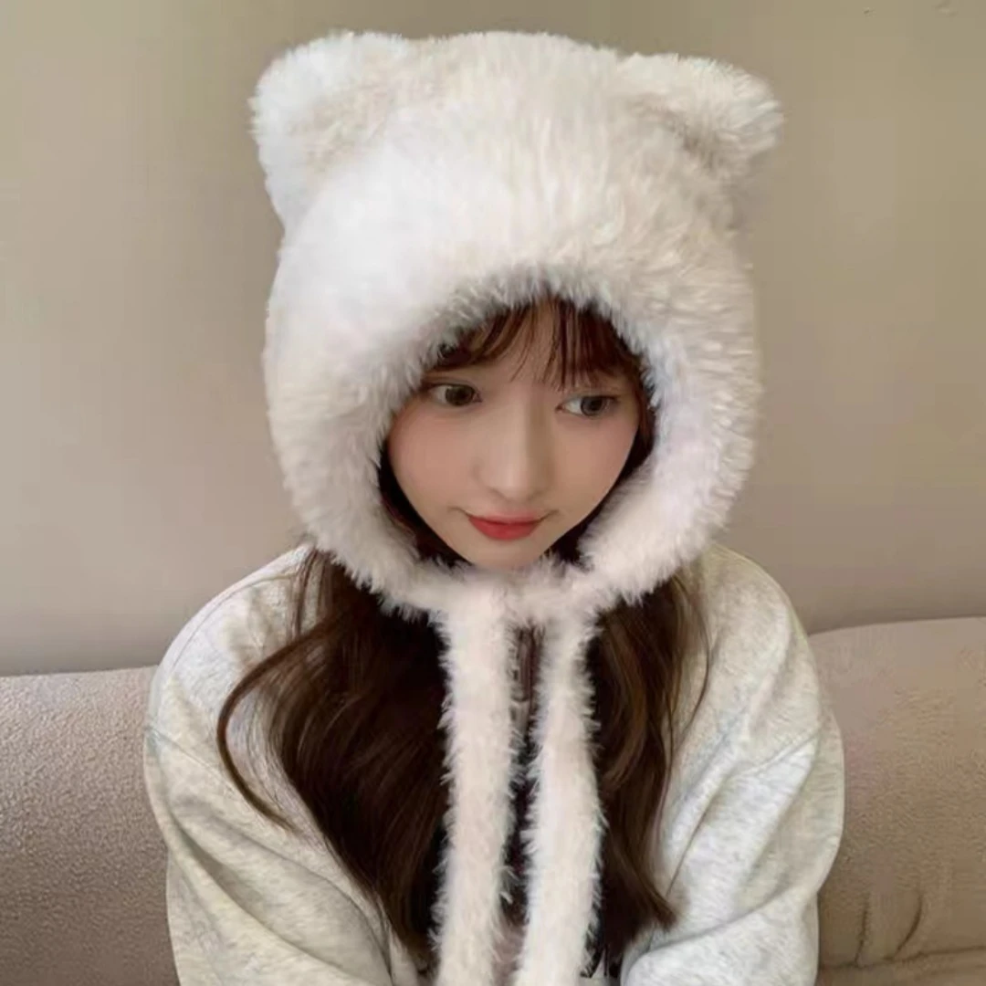 قبعة قطيفة لطيفة منفوشة للنساء قبعة شتوية من القطيفة الناعمة للتنزه في الهواء الطلق في الشتاء #5