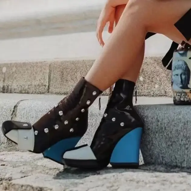 

2025 Autumn Winter New Boots Wedge Thick Heel High Heel Square Toe Back Zipper Catwalk Mixed Color Short Boots Women's Boots