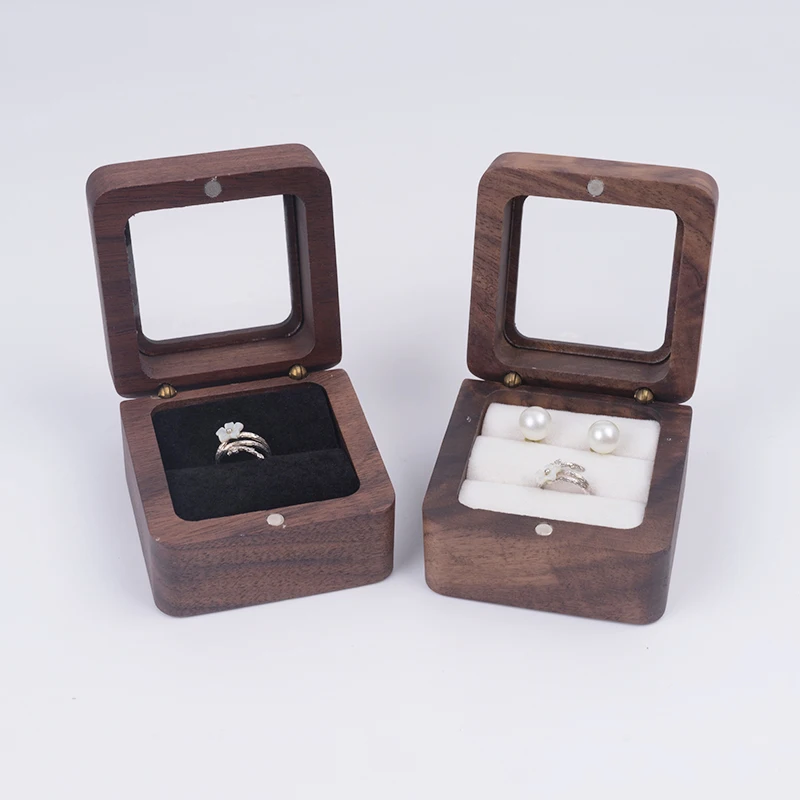 Caja de joyería de madera para anillos de boda, organizador de anillos de terciopelo, caja de embalaje de regalo, estuche de exhibición de anillo de compromiso de propuesta