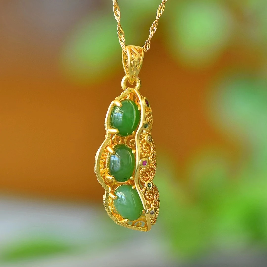 Copper Inlaid Natural Hetian Jade Jasper Fu Bean Fashion Exquisite Pendant Women Jewellery Gifts Jewelry Necklaces Bijoux Femmes