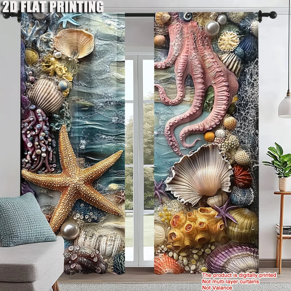 

2pc, Window Curtains Vintage Marine Creatures Machine Washable Polyester,Without Electricity Wall Decor for Parties and