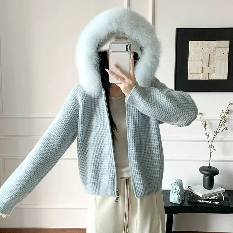 2026 Spring Autumn Women Natural Real Fox Fur Collar Cardigan Hooded Jacket Fur Decoration Lady's Sweater Coat - view 6