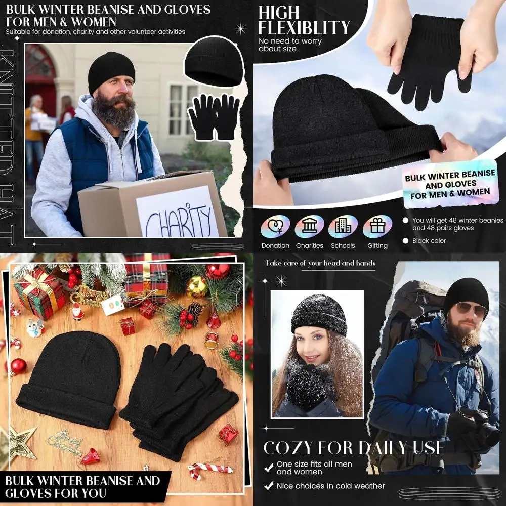 

Tarpop 96 Pcs Winter Beanies and Gloves Bulk, Cold Weather Unisex Winter Hat and Gloves for Homeless Men Women