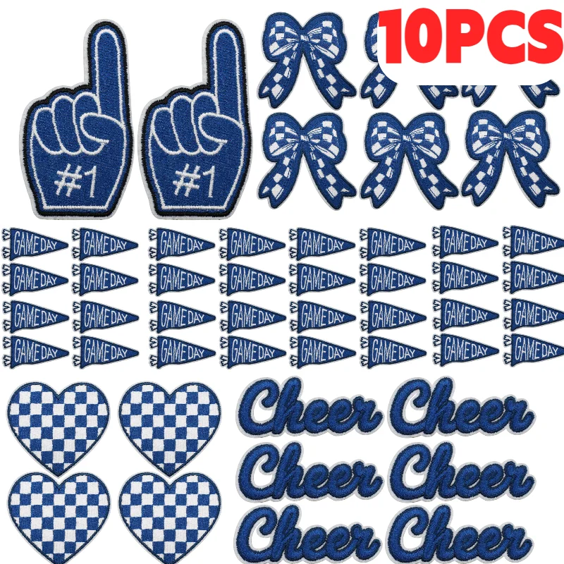 10PCS Bulk Blue Theme Lightning Love Bow Embroidery Patches Cheerleader Game Day Encouragement Iron On For Clothes Decoration