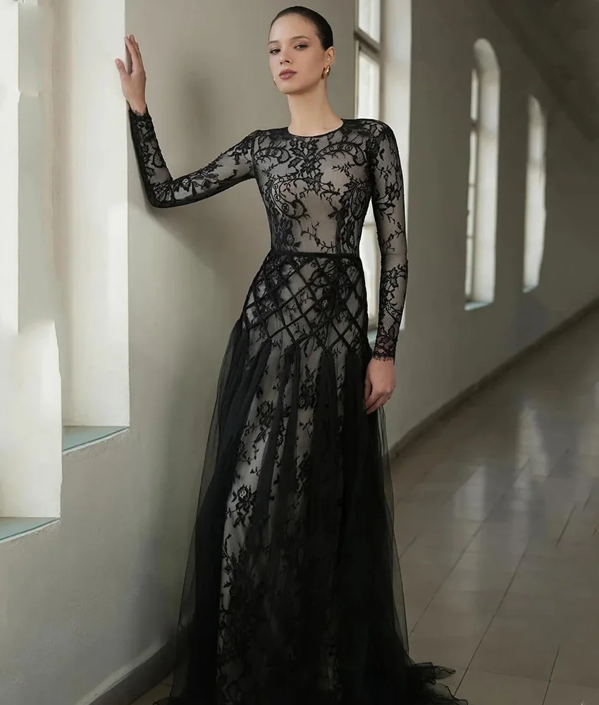 

MCDV Customized Graceful Lace A-Line Evening Dress High Quality O-neck Long Sleeves Floor Length Bespoke Occasion Gowns