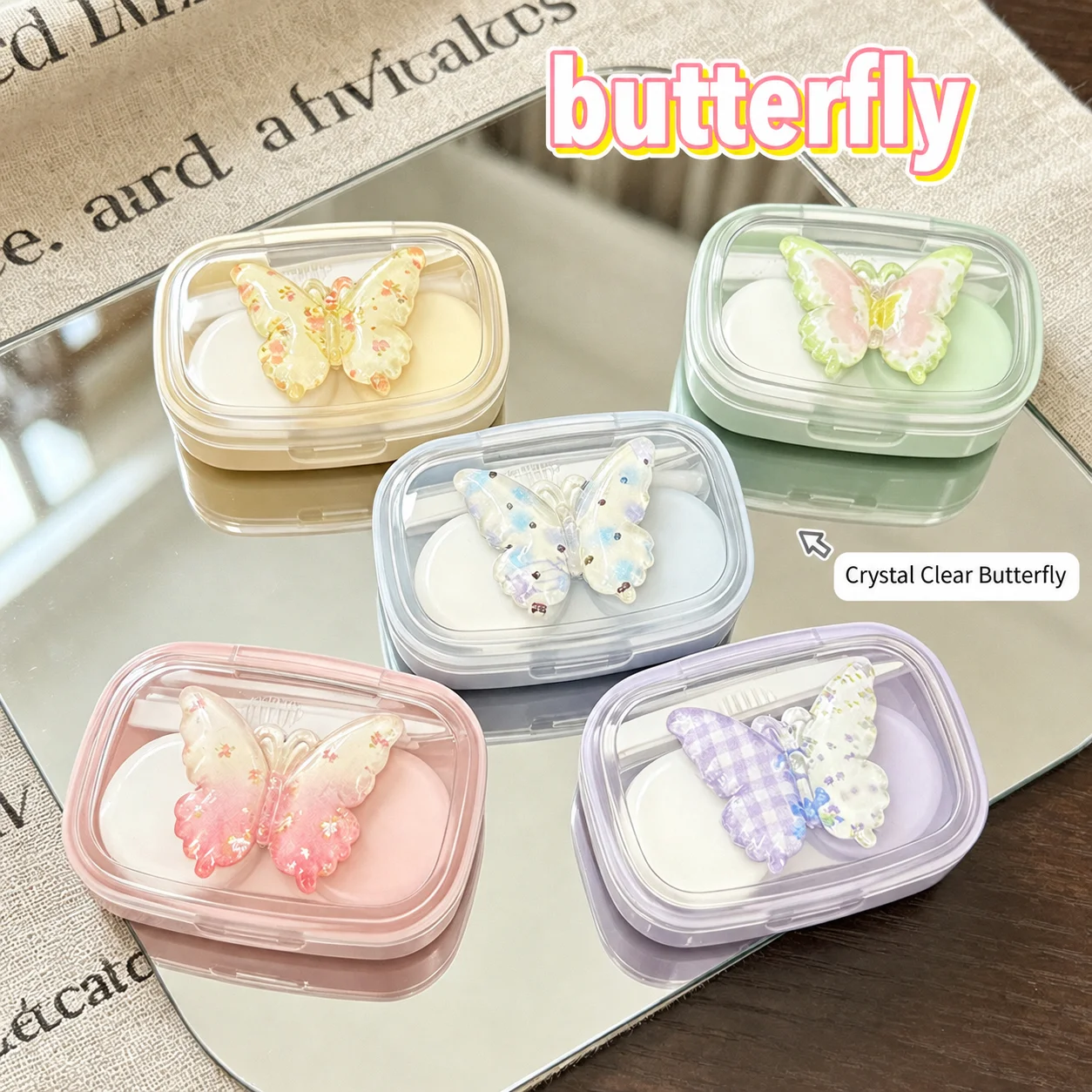 Portable Icy Butterfly Contact Lens Case Compact Travel Contact Lenses Storage Companion Box With Tweezers