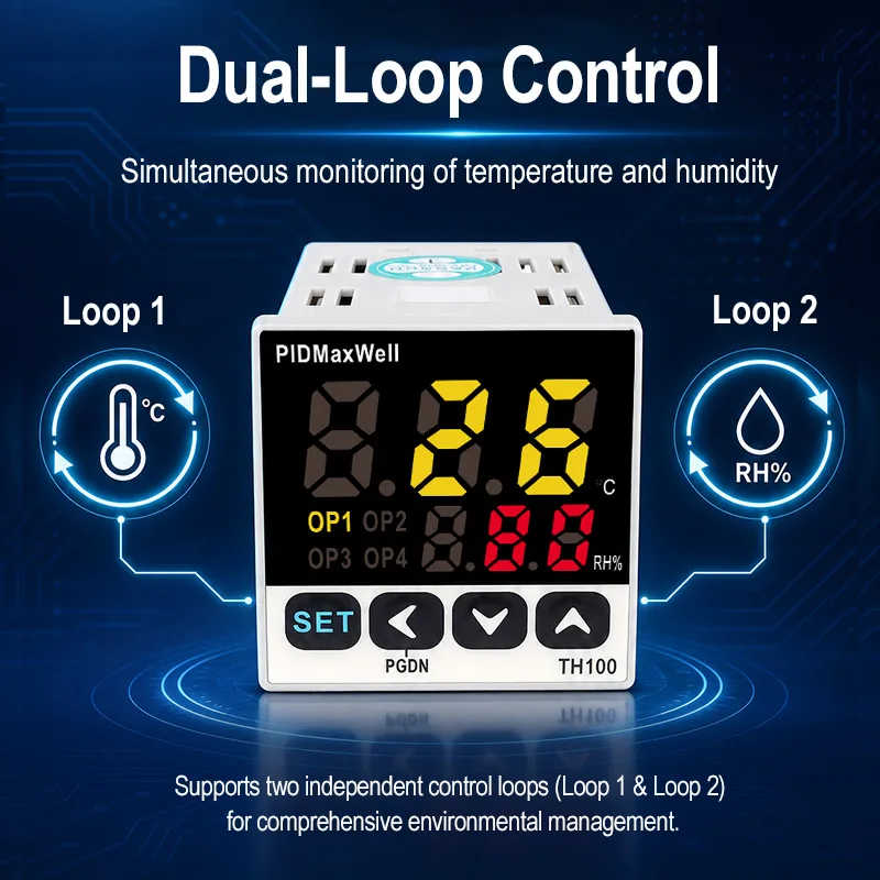 PIDMaxWell TH100 Dual Loop Temperature Humidity Controller 2 Relay Output RS-485 Modbus CE