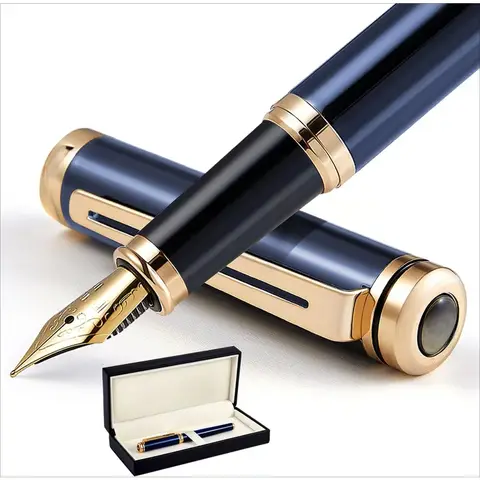 Blue Luxury Pen Set for Men and Women gift Box, 24-karat gold finish and gold-plated nib (middle)