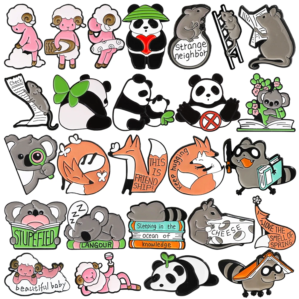 Broche de animales bonitos, dibujos animados de oveja rosa, alas verdes, Panda, Koala, Rana, queso, ratones, insignias de solapa, alfileres de libro de lectura de mapache, joyería