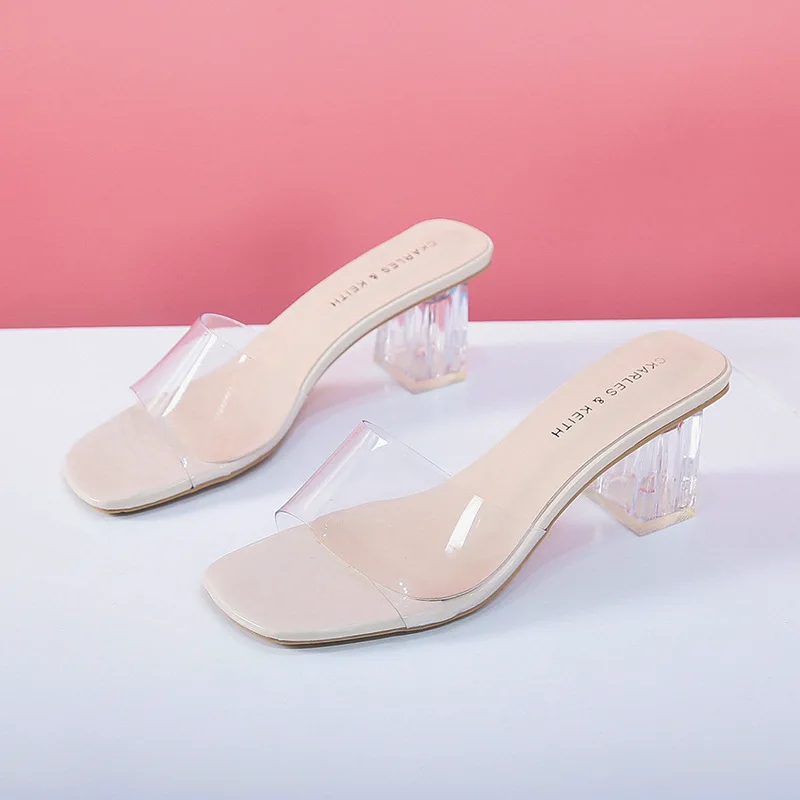 Sandals PVC Jelly Crystal Clear Transparent Slippers Female Shoes Middle Heels Comfortable Women Shoes Fashion Mules Slides