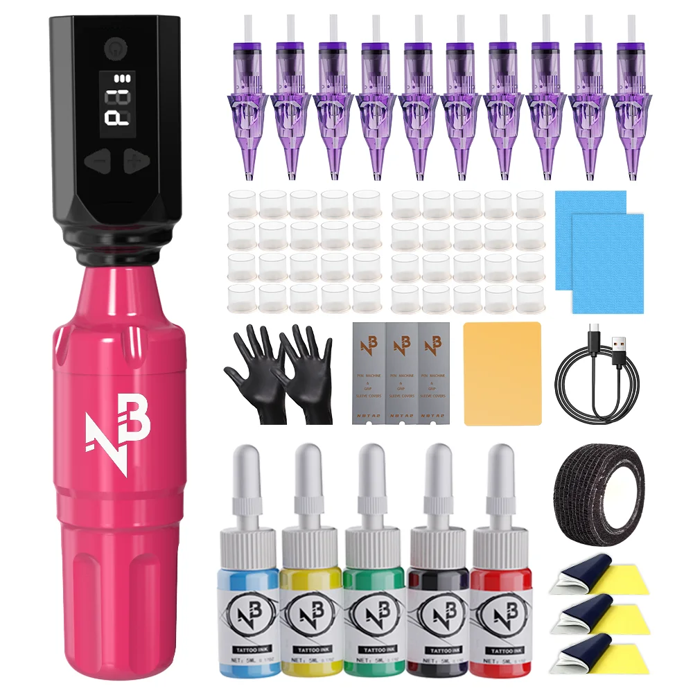 Wireless Tattoo Machine Kit Pink Rotary Tattoo Pen Set with 5 Colors Ink Cartridge Needles Practice Skin for Tattoo Beginner