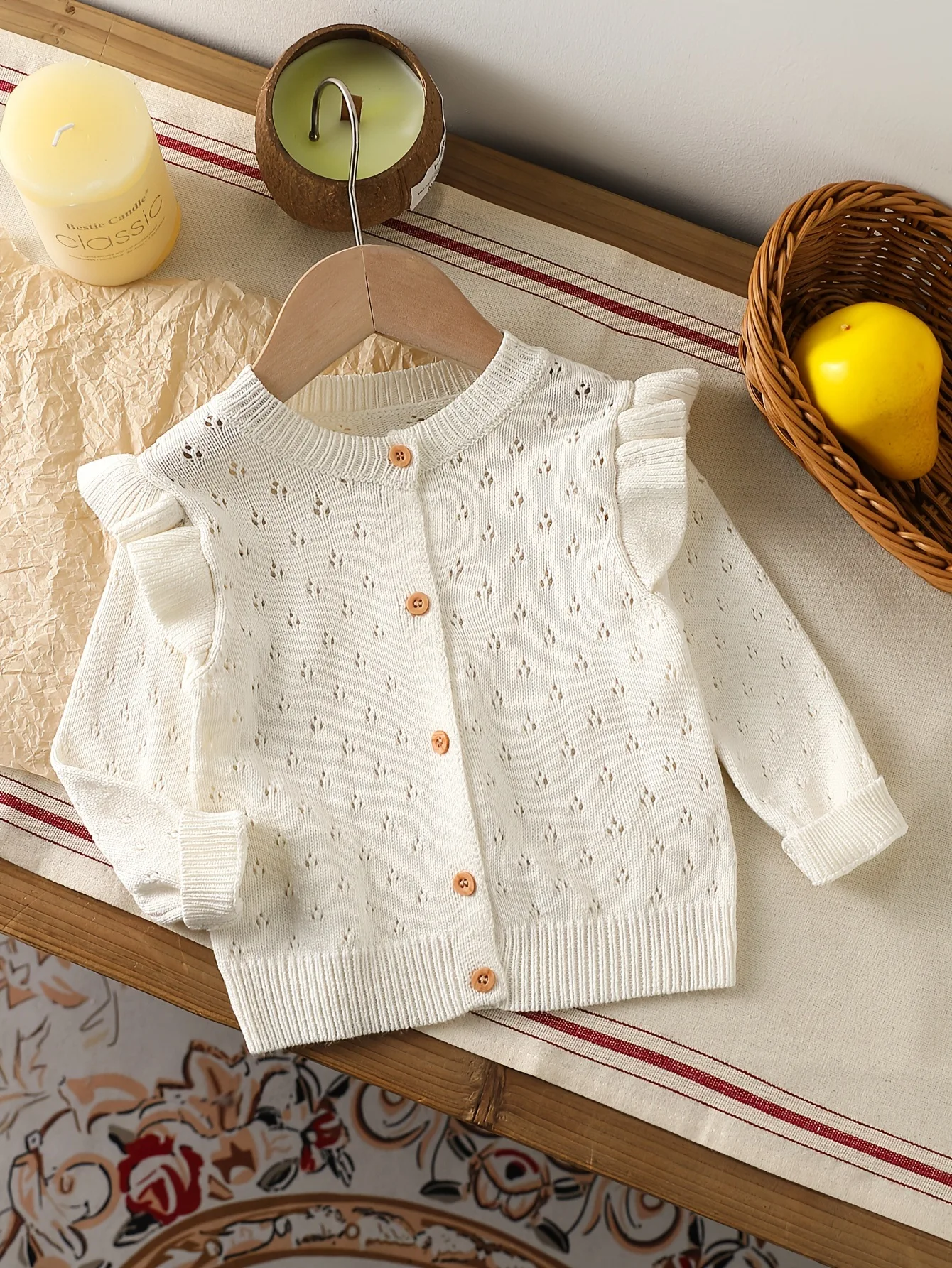 

VISgogo Toddler Baby Girl Knitted Cardigan Hollowed Ruffle Trim Long Sleeve Crew Neck Button-up Sweater Winter Fall Clothes