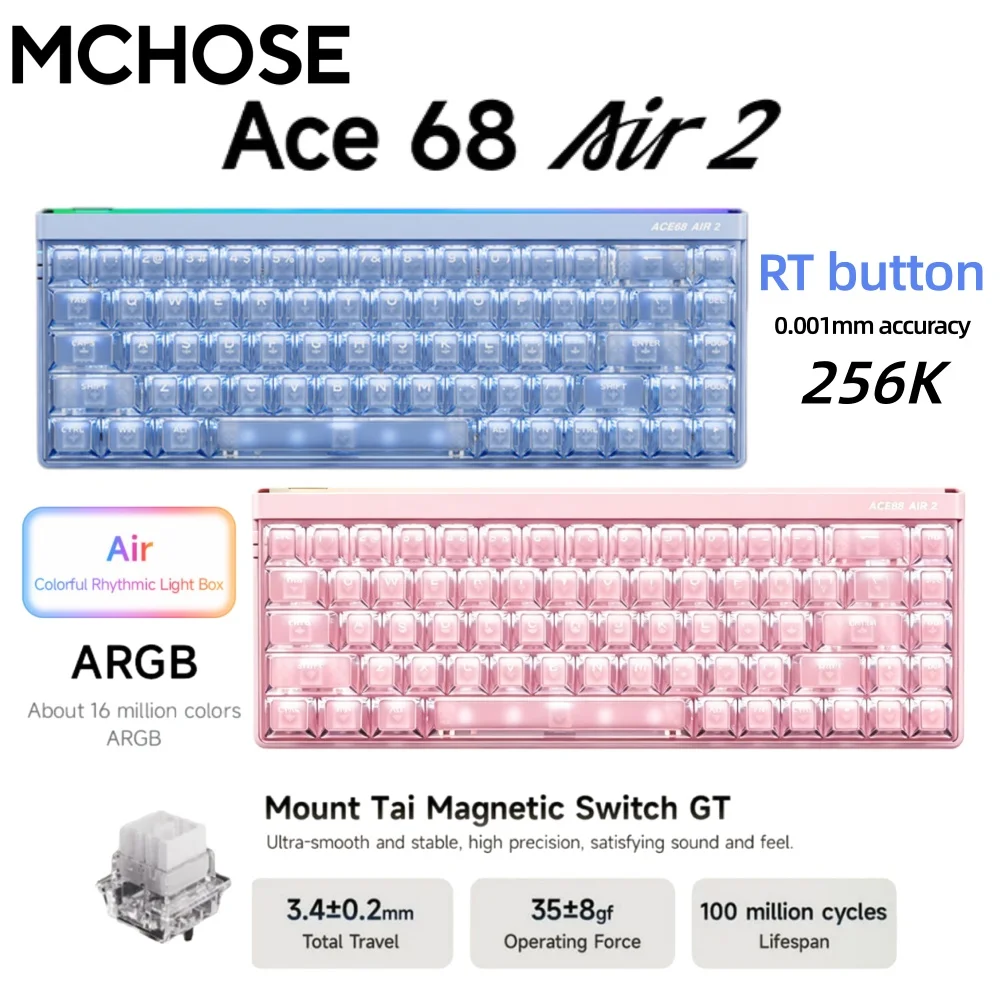 MCHOSE Ace68 Air 2 Gaming Keyboard Taishan GT Switch Aluminum Plate 256K Scan Rate 8k Polling Rate RT Keys 0.001mm Accuracy ARGB