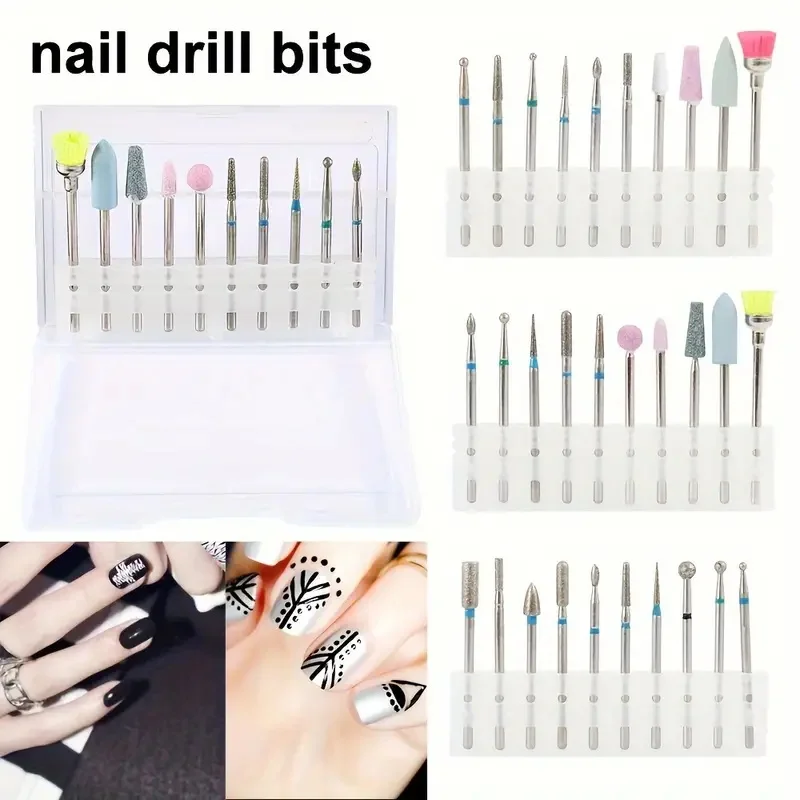 

10 pcs/1Set Electric Nail Drill Bits Kit 3/32 Rotary Burr Cuticle Accessories Tools Electric Nail Files Manicure Pedicure