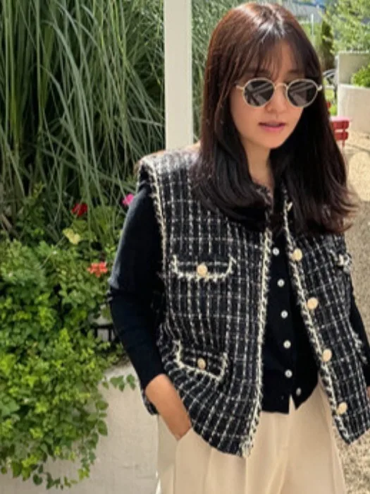 

Chic Sweet Ladylike Single-Button Multi-ket Knitted Wool Vest Jaet Women's Faionable Ele Sle